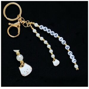 Karma Is A Cat Keychain Pearls And Gold Tone Beads Gold Tone Keyring White Cat
